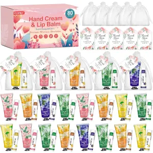 80 Sets Bulk Hand Cream and Bulk Lip Balm Gifts, Bridesmaid Gifts, Baby Shower Party Favors and Bridal Shower Gifts for Guests with Thank You Card Organza Bags, Thank You Gifts for Coworkers Women