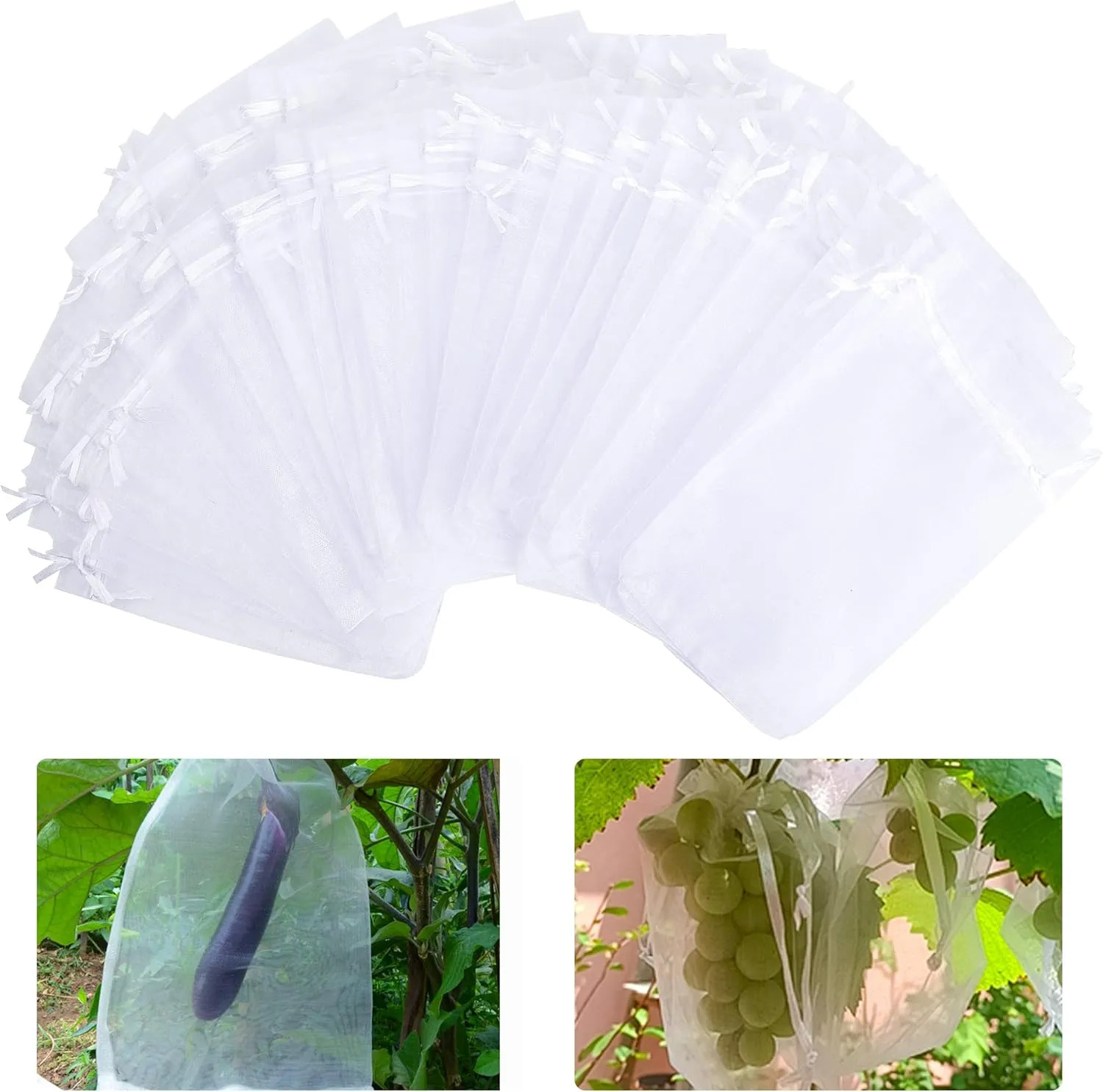 8x12 Inch 100 Pcs Penetrating Light Fruit Protection Bags- Organza Fruit Netting Barrier Bags,Garden Plant Fruit Mesh Bags with Drawstring