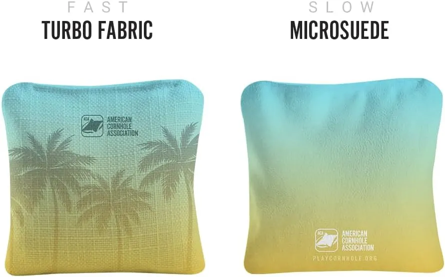ACA Synergy Pro Professional Cornhole Bags Dual Sided Regulation 6x6 Set of 4 Sunrise Beach Palm Trees