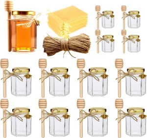 Adabocute Honey Pot, Glass Honey Jars with Wood Dipper, Gold Lid, Bee Charms, Gold Organza Bags, Thank-you Tags, Ideal for Bee Party Favors, 4oz/120ml 12 Pack