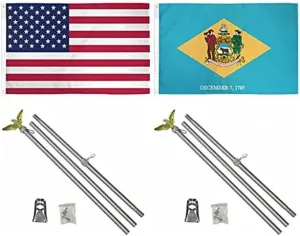 AES 3x5 3'x5' USA American w/State of Delaware Flag w/Two 6' Galvanized Flagpole Pole Kits Eagle Topper