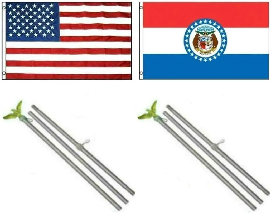 AES 3x5 3'x5' USA American w/State of Missouri Flag w/Two 6' Galvanized Flagpole Pole Kits Eagle Topper