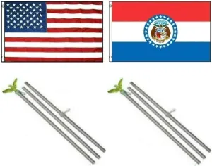 AES 3x5 3'x5' USA American w/State of Missouri Flag w/Two 6' Galvanized Flagpole Pole Kits Eagle Topper