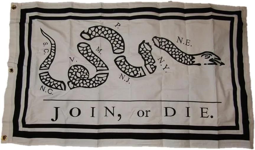 AES 3x5 Embroidered Sewn Join Or Die Benjamin Franklin White Cotton Flag 3'x5' (100% Cotton)