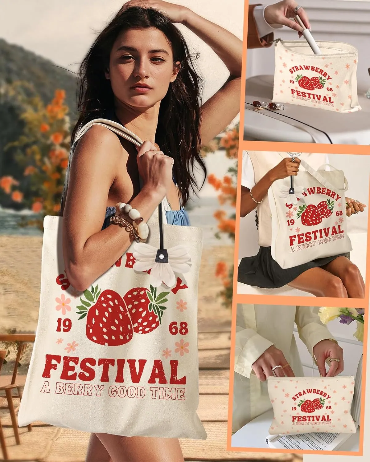 Aesthetic 2 Pack Canvas Tote Bag - with Makeup Pouch Bag for Women Reusable Grocery Bag for Gym, Travel, Work