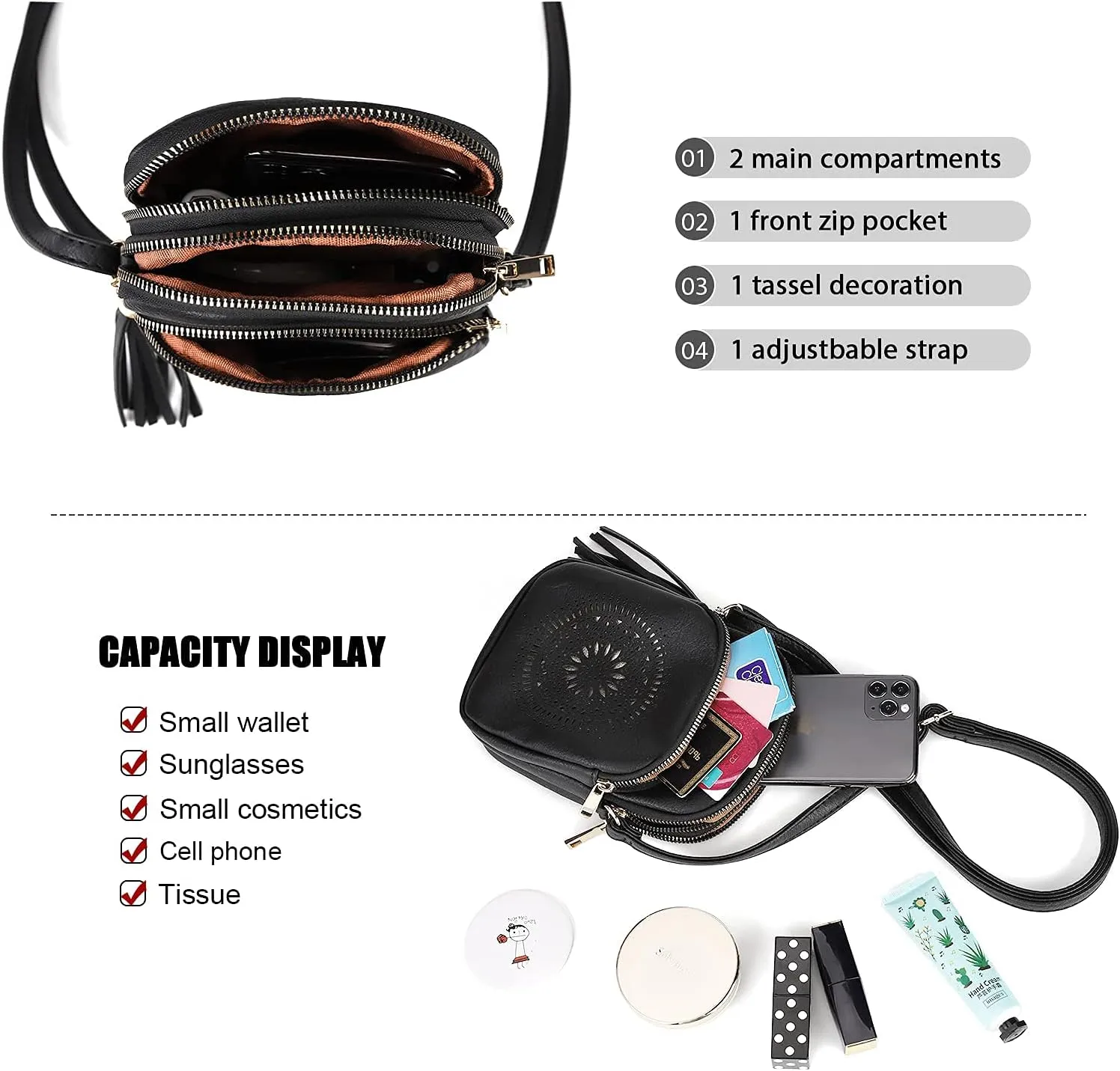 AFKOMST Small Crossbody Bag and Boho Cell Phone Purse for Women,Faux Leather Shoulder Handbag with Tassel,Triple Zip