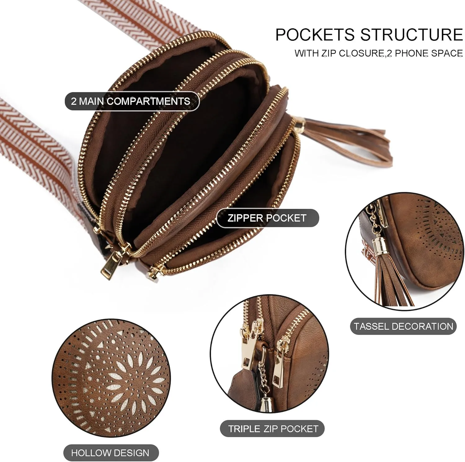 AFKOMST Small Crossbody Bag and Boho Cell Phone Purse for Women,Faux Leather Shoulder Handbag with Tassel,Triple Zip