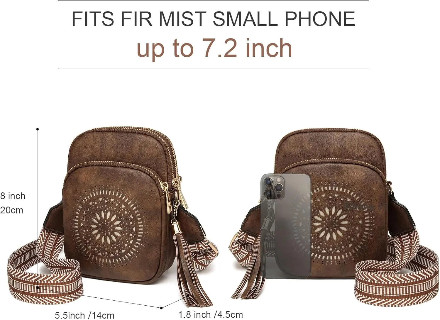 AFKOMST Small Crossbody Bag and Boho Cell Phone Purse for Women,Faux Leather Shoulder Handbag with Tassel,Triple Zip