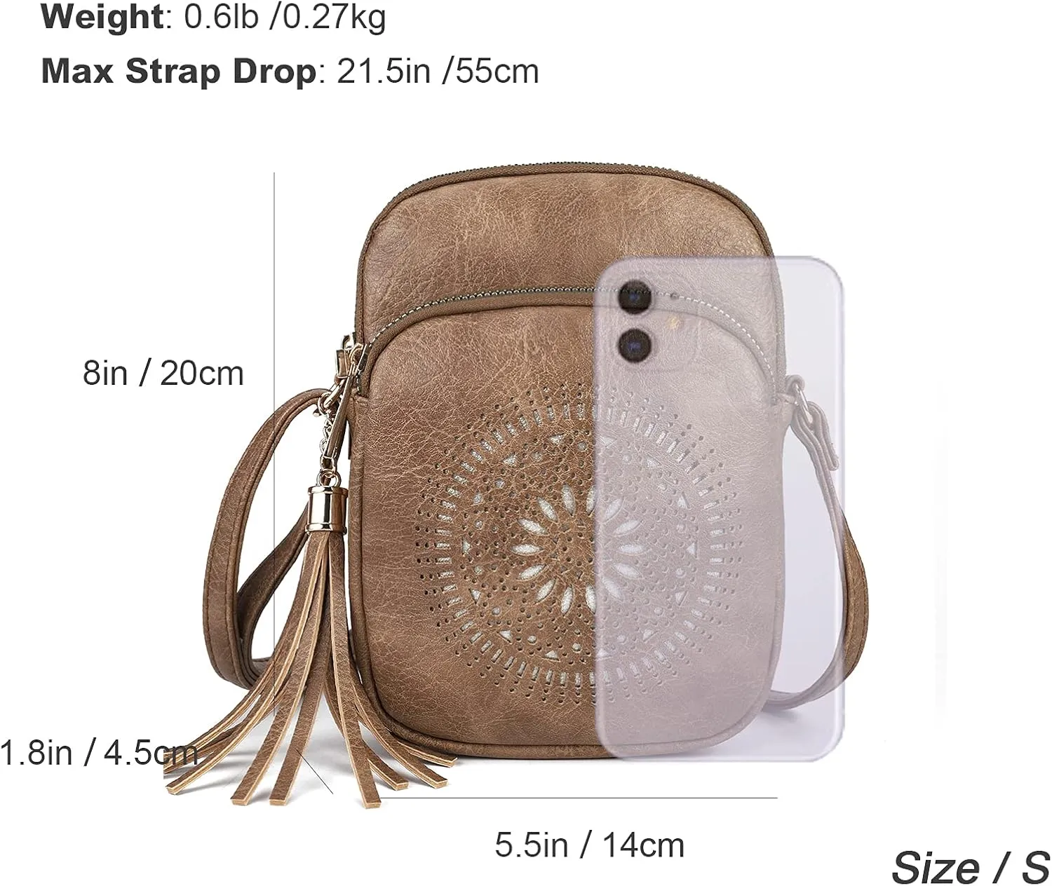 AFKOMST Small Crossbody Bag and Boho Cell Phone Purse for Women,Faux Leather Shoulder Handbag with Tassel,Triple Zip