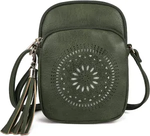 AFKOMST Small Crossbody Bag and Boho Cell Phone Purse for Women,Faux Leather Shoulder Handbag with Tassel,Triple Zip