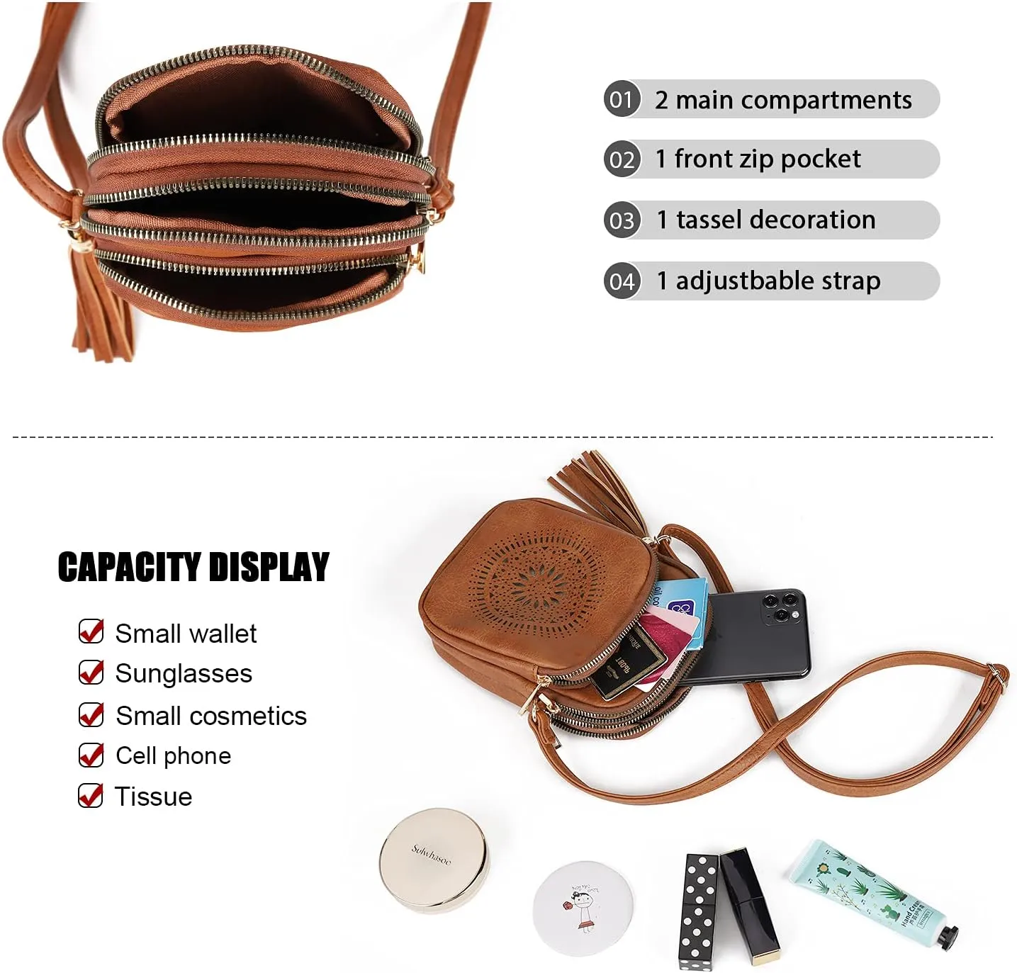 AFKOMST Small Crossbody Bag and Boho Cell Phone Purse for Women,Faux Leather Shoulder Handbag with Tassel,Triple Zip