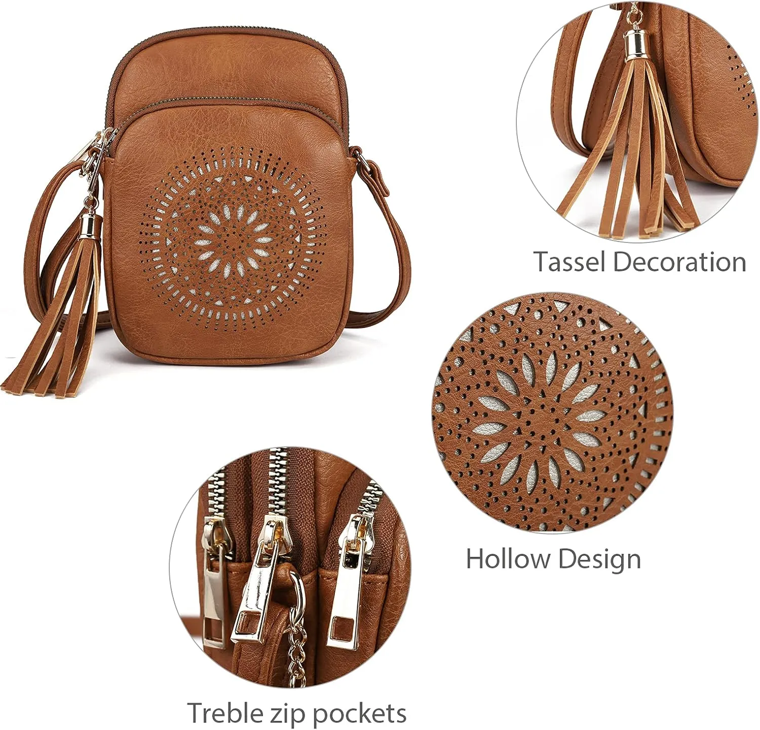 AFKOMST Small Crossbody Bag and Boho Cell Phone Purse for Women,Faux Leather Shoulder Handbag with Tassel,Triple Zip
