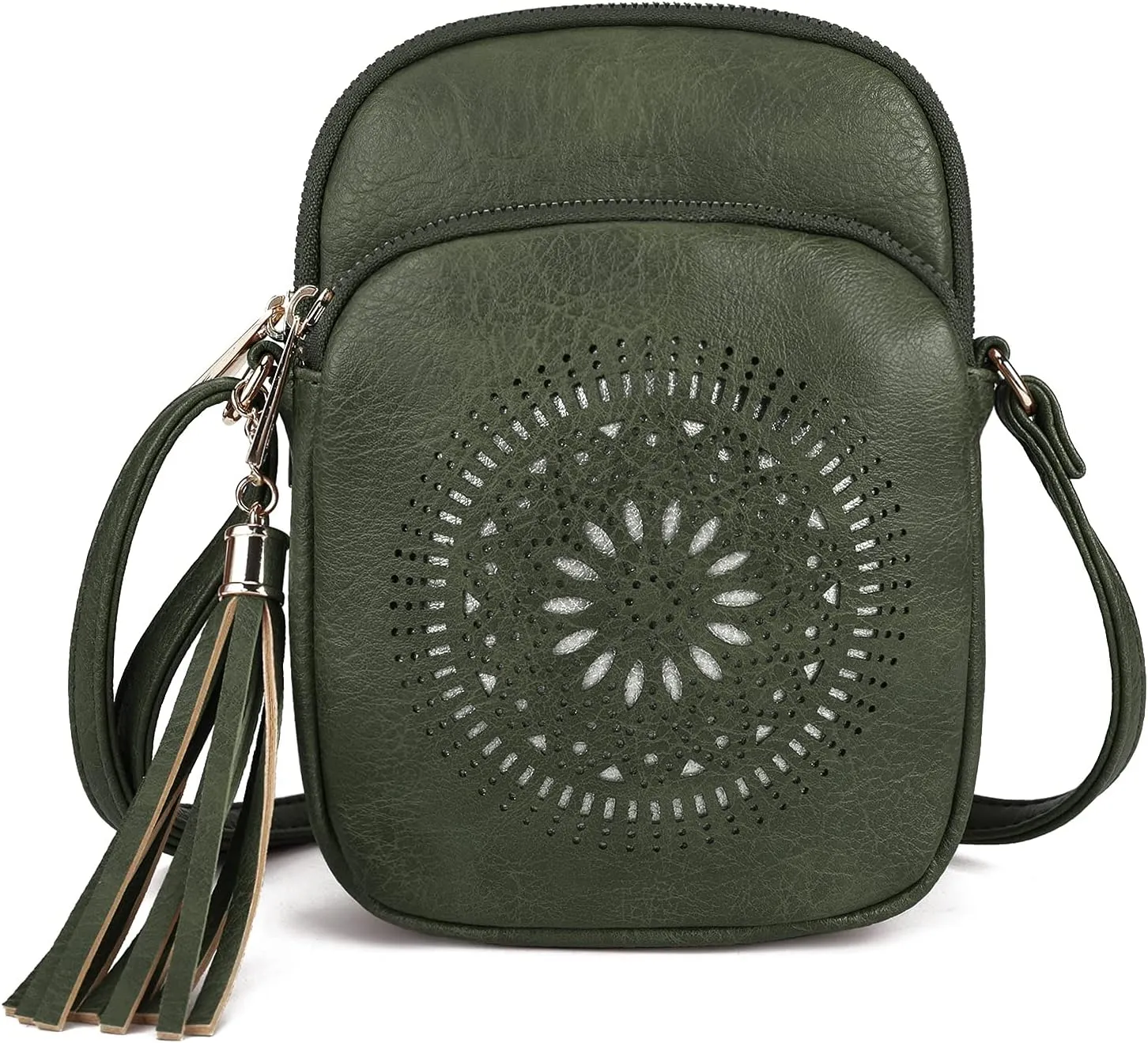 AFKOMST Small Crossbody Bag and Boho Cell Phone Purse for Women,Faux Leather Shoulder Handbag with Tassel,Triple Zip