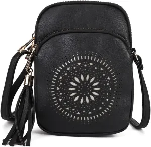 AFKOMST Small Crossbody Bag and Boho Cell Phone Purse for Women,Faux Leather Shoulder Handbag with Tassel,Triple Zip