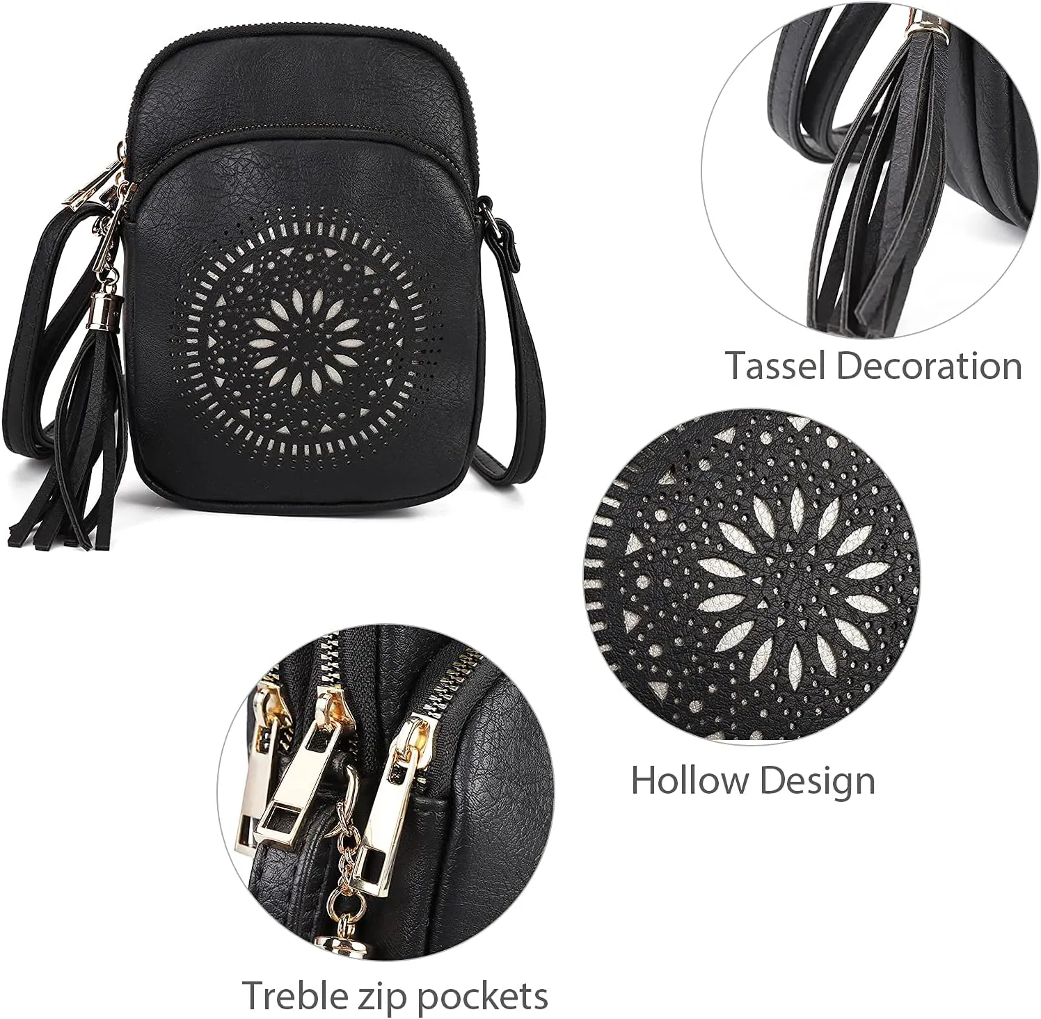 AFKOMST Small Crossbody Bag and Boho Cell Phone Purse for Women,Faux Leather Shoulder Handbag with Tassel,Triple Zip