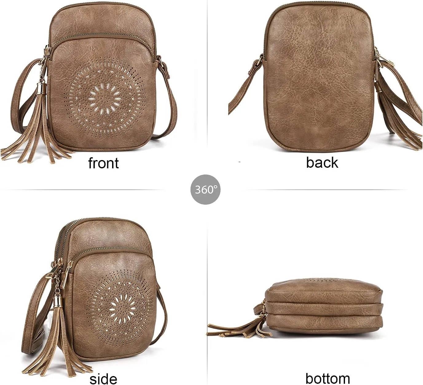 AFKOMST Small Crossbody Bag and Boho Cell Phone Purse for Women,Faux Leather Shoulder Handbag with Tassel,Triple Zip