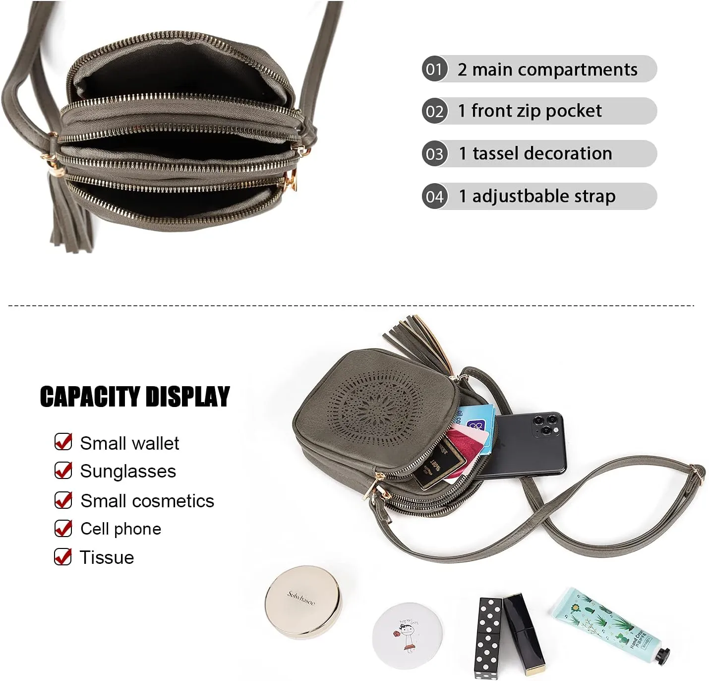 AFKOMST Small Crossbody Bag and Boho Cell Phone Purse for Women,Faux Leather Shoulder Handbag with Tassel,Triple Zip