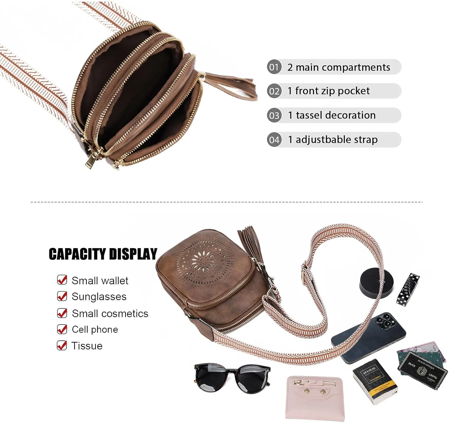 AFKOMST Small Crossbody Bag and Boho Cell Phone Purse for Women,Faux Leather Shoulder Handbag with Tassel,Triple Zip