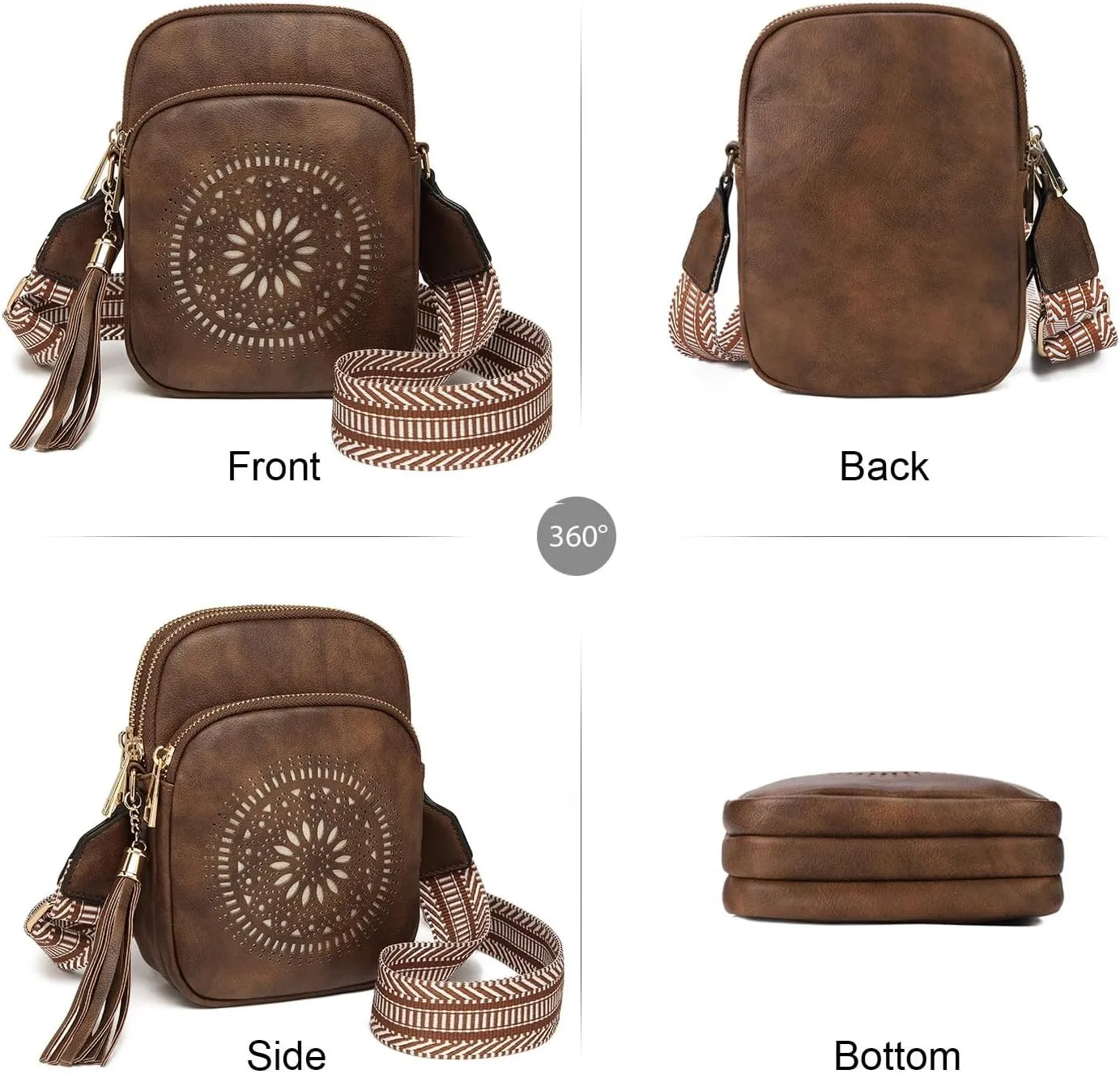 AFKOMST Small Crossbody Bag and Boho Cell Phone Purse for Women,Faux Leather Shoulder Handbag with Tassel,Triple Zip