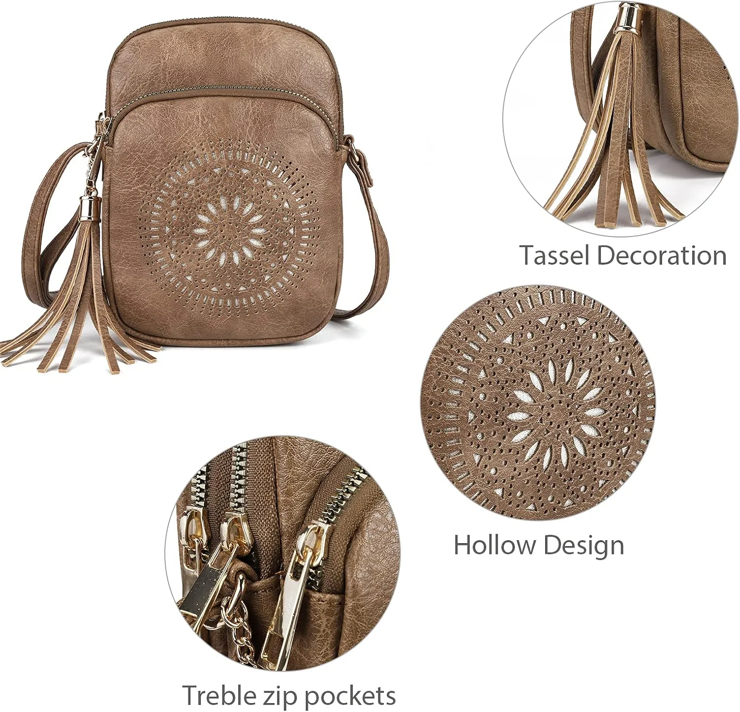 AFKOMST Small Crossbody Bag and Boho Cell Phone Purse for Women,Faux Leather Shoulder Handbag with Tassel,Triple Zip