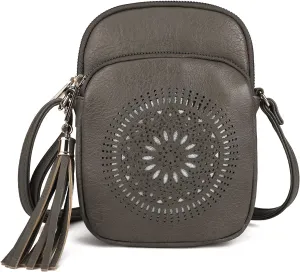 AFKOMST Small Crossbody Bag and Boho Cell Phone Purse for Women,Faux Leather Shoulder Handbag with Tassel,Triple Zip