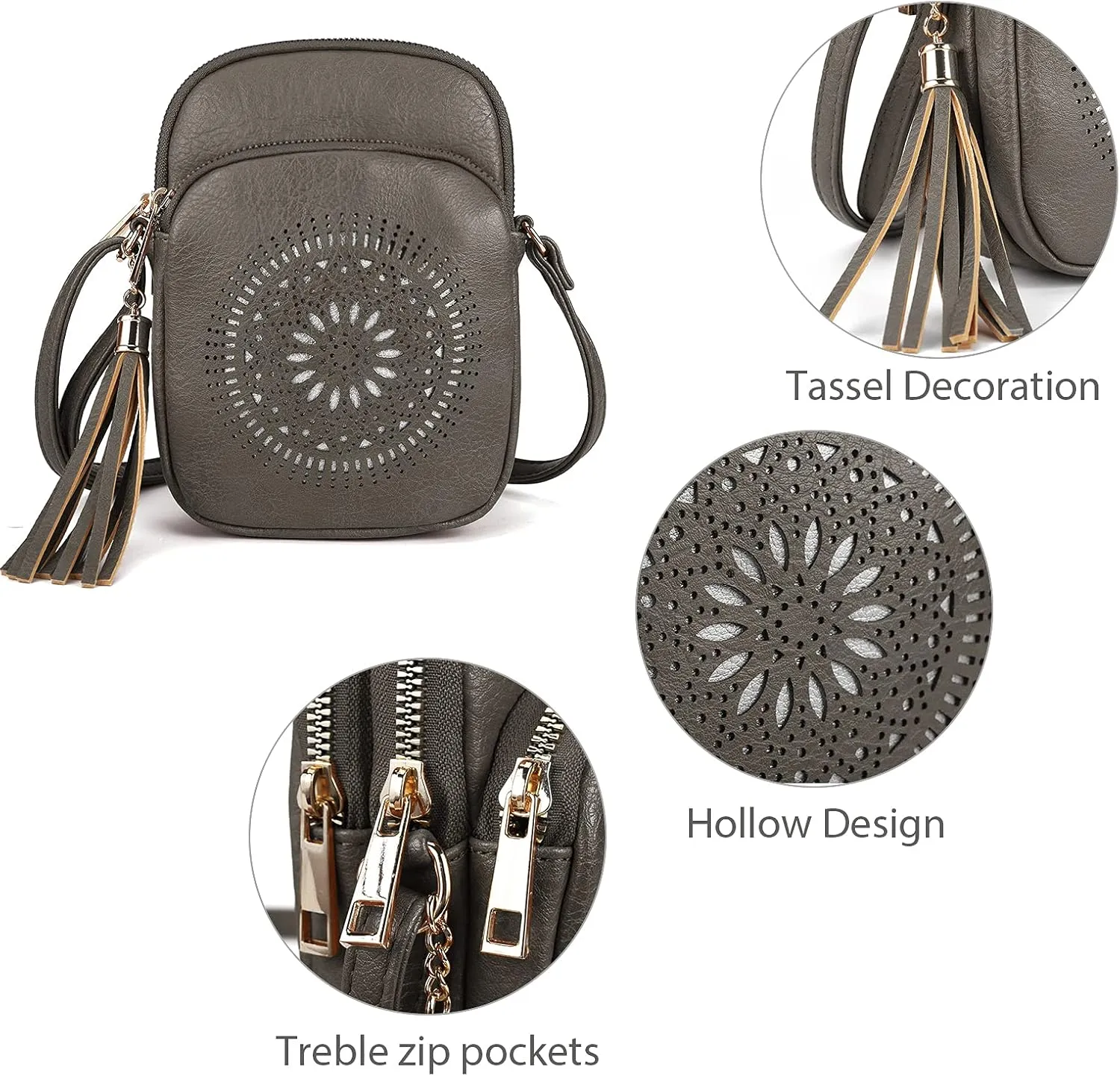 AFKOMST Small Crossbody Bag and Boho Cell Phone Purse for Women,Faux Leather Shoulder Handbag with Tassel,Triple Zip