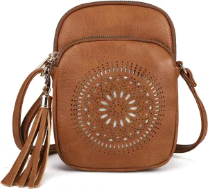 AFKOMST Small Crossbody Bag and Boho Cell Phone Purse for Women,Faux Leather Shoulder Handbag with Tassel,Triple Zip