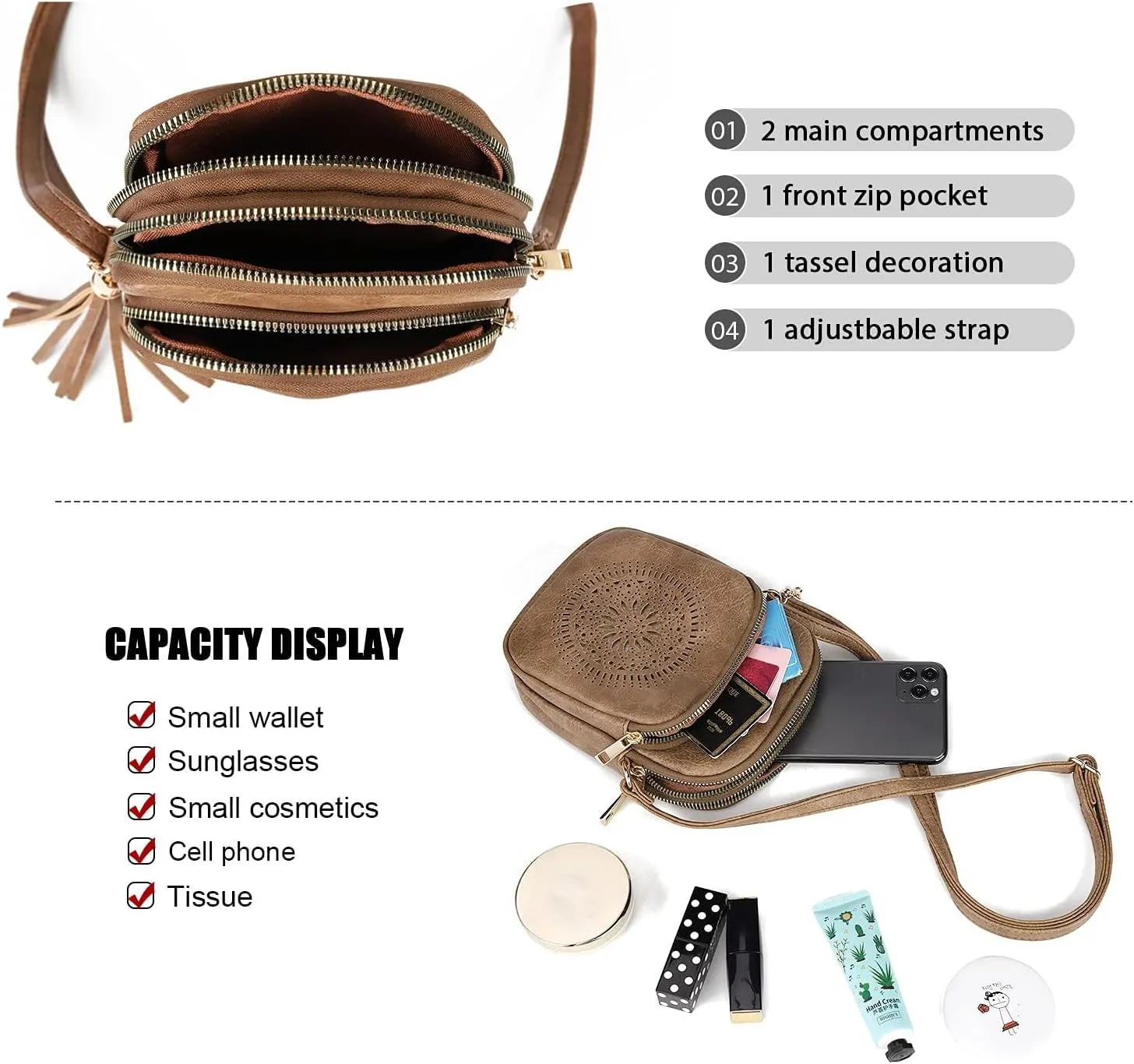 AFKOMST Small Crossbody Bag and Boho Cell Phone Purse for Women,Faux Leather Shoulder Handbag with Tassel,Triple Zip