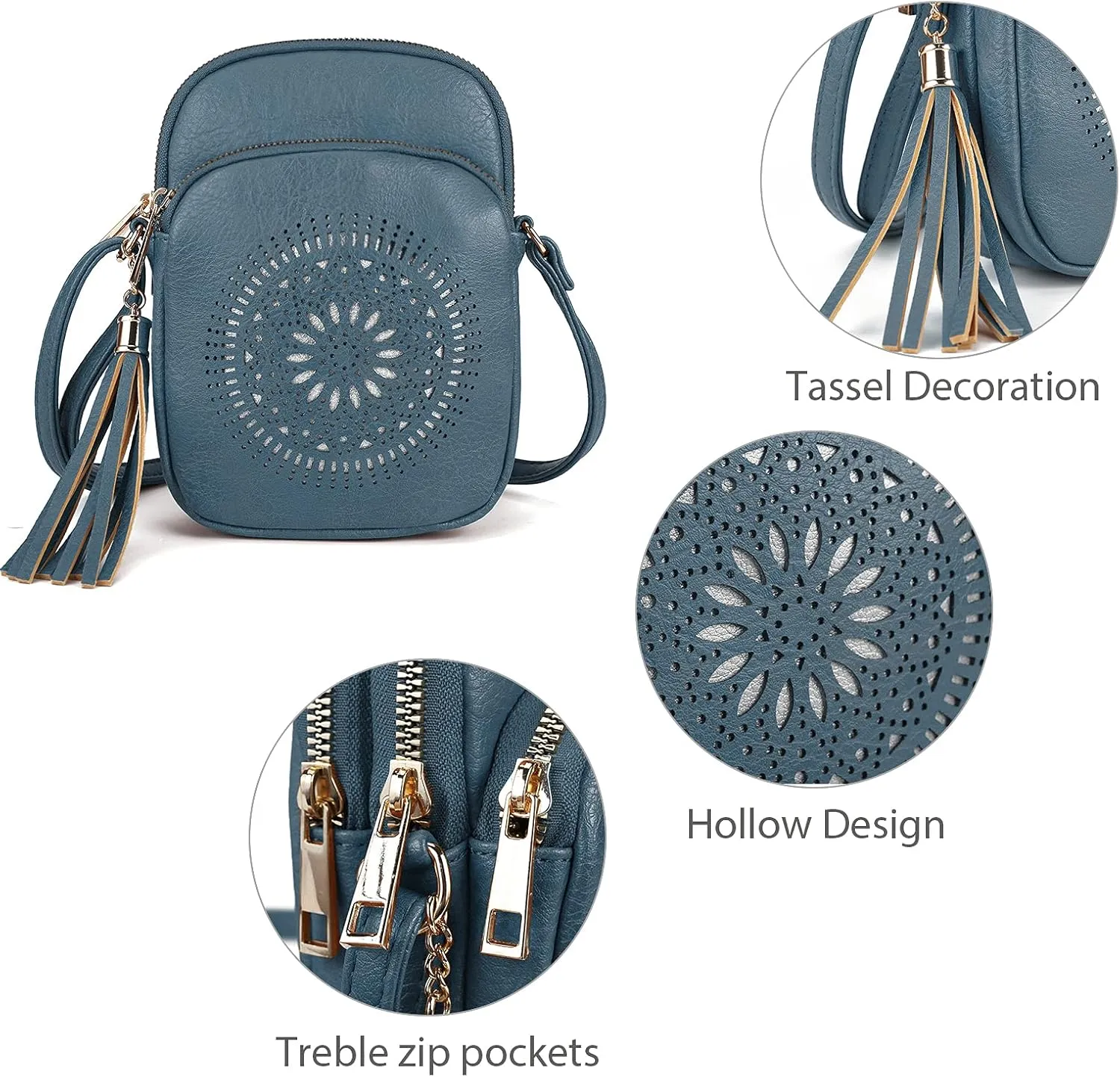 AFKOMST Small Crossbody Bag and Boho Cell Phone Purse for Women,Faux Leather Shoulder Handbag with Tassel,Triple Zip