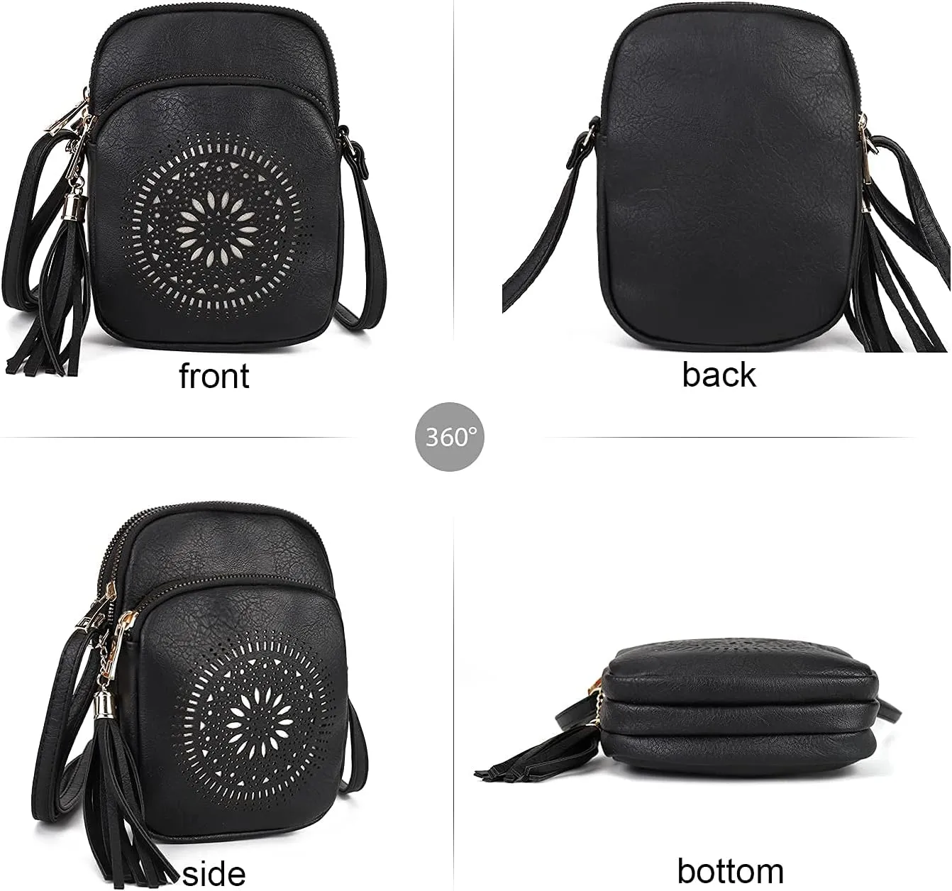 AFKOMST Small Crossbody Bag and Boho Cell Phone Purse for Women,Faux Leather Shoulder Handbag with Tassel,Triple Zip