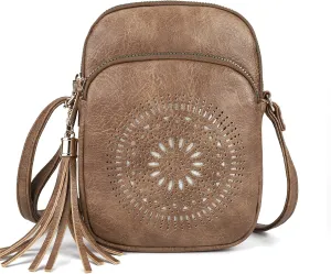 AFKOMST Small Crossbody Bag and Boho Cell Phone Purse for Women,Faux Leather Shoulder Handbag with Tassel,Triple Zip
