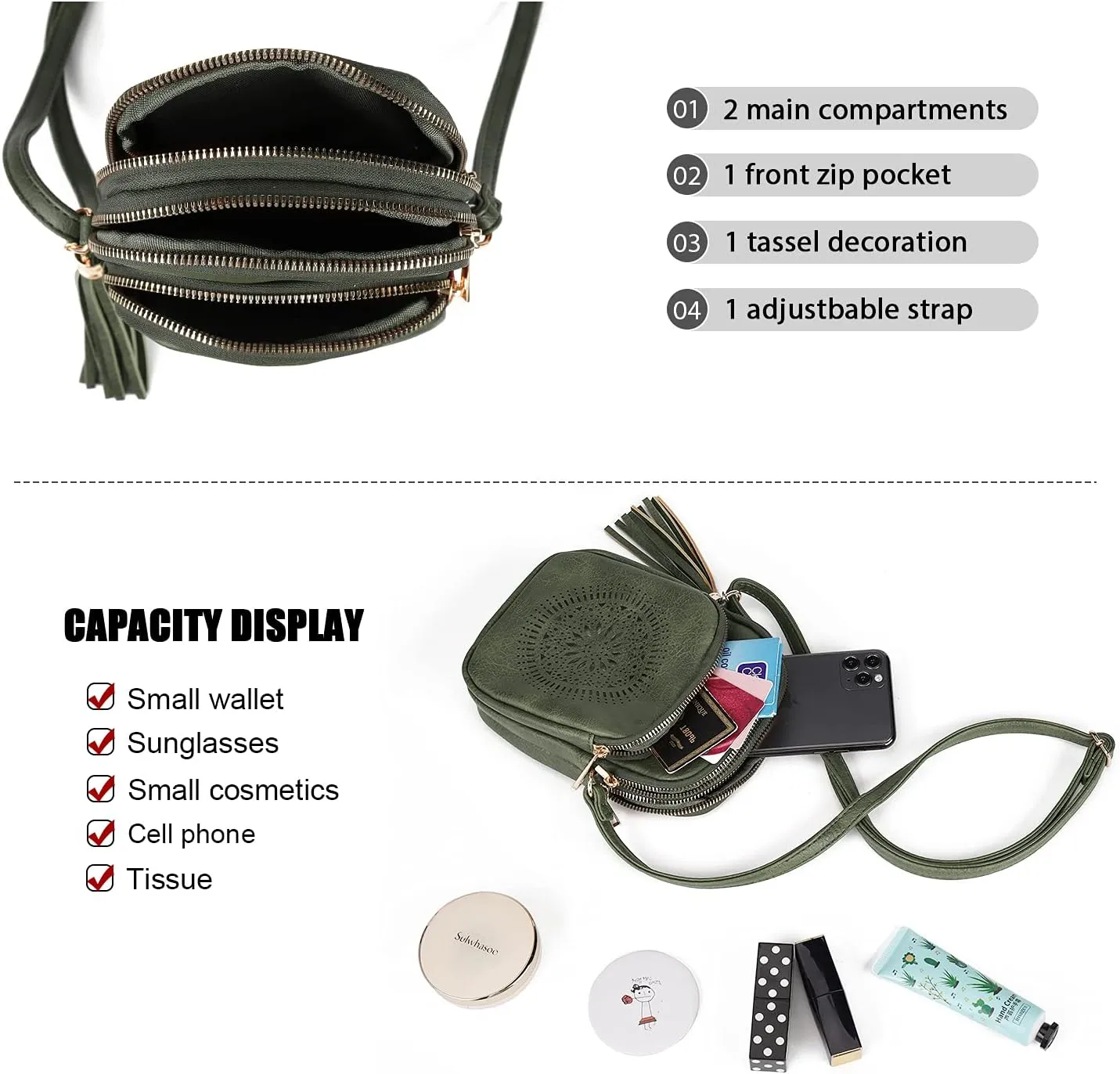 AFKOMST Small Crossbody Bag and Boho Cell Phone Purse for Women,Faux Leather Shoulder Handbag with Tassel,Triple Zip