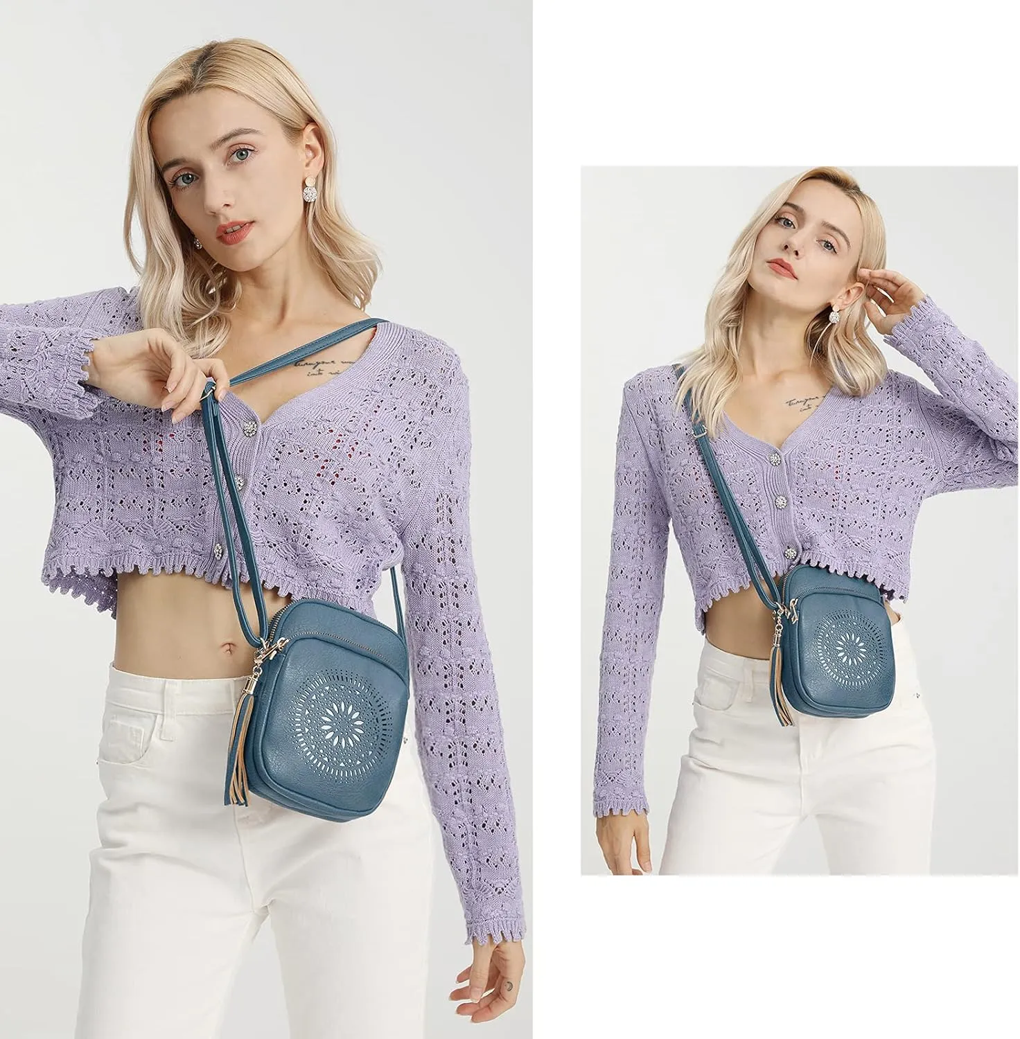 AFKOMST Small Crossbody Bag and Boho Cell Phone Purse for Women,Faux Leather Shoulder Handbag with Tassel,Triple Zip