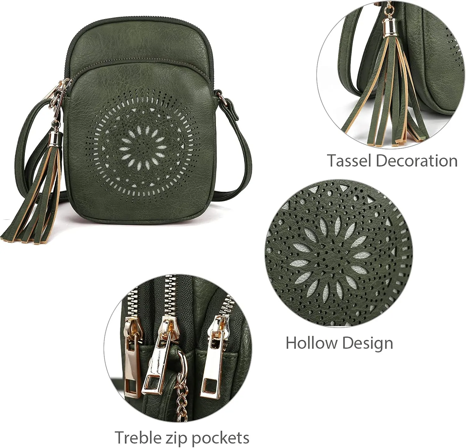 AFKOMST Small Crossbody Bag and Boho Cell Phone Purse for Women,Faux Leather Shoulder Handbag with Tassel,Triple Zip