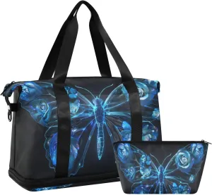 ALAZA Blue Night Butterfly with Wing Travel Duffel Bag for Women Men Sports Gym Bag with Shoe Compartment Tote Weekender Overnight Bag with Wet Pocket for Travel, Gym,Yoga,Swimming