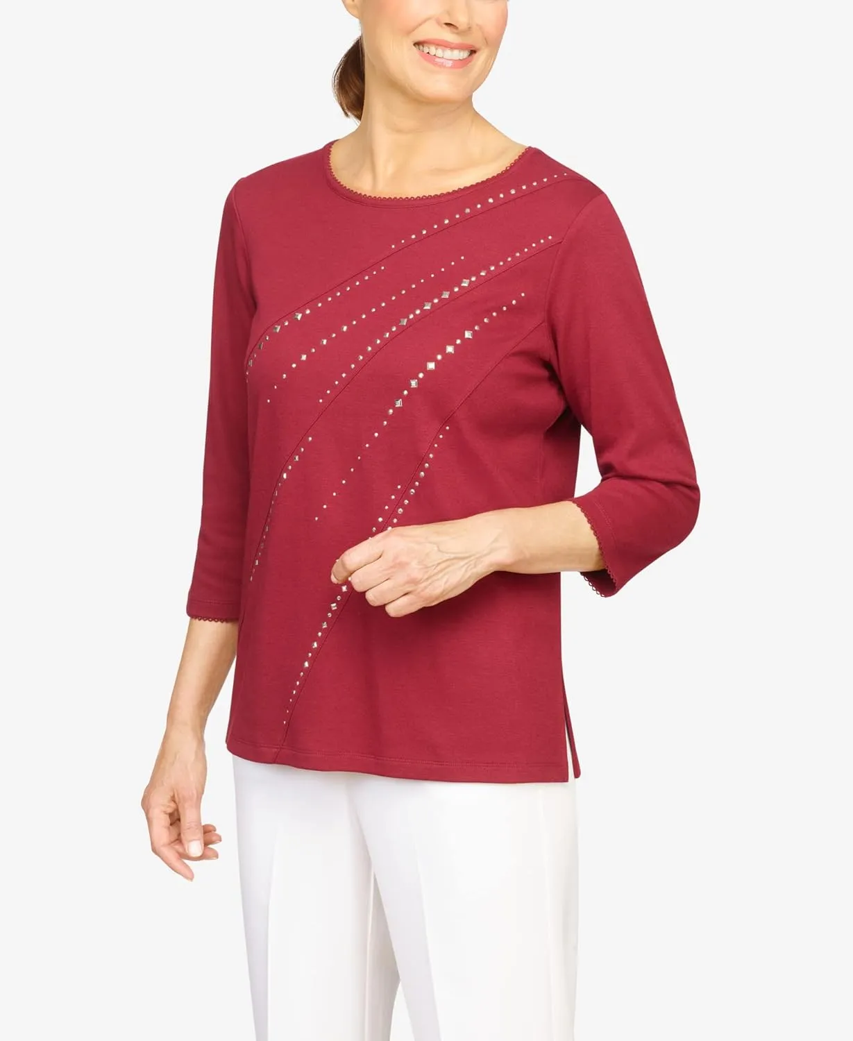 Alfred Dunner Women's Classics Diagonal Embellished Top