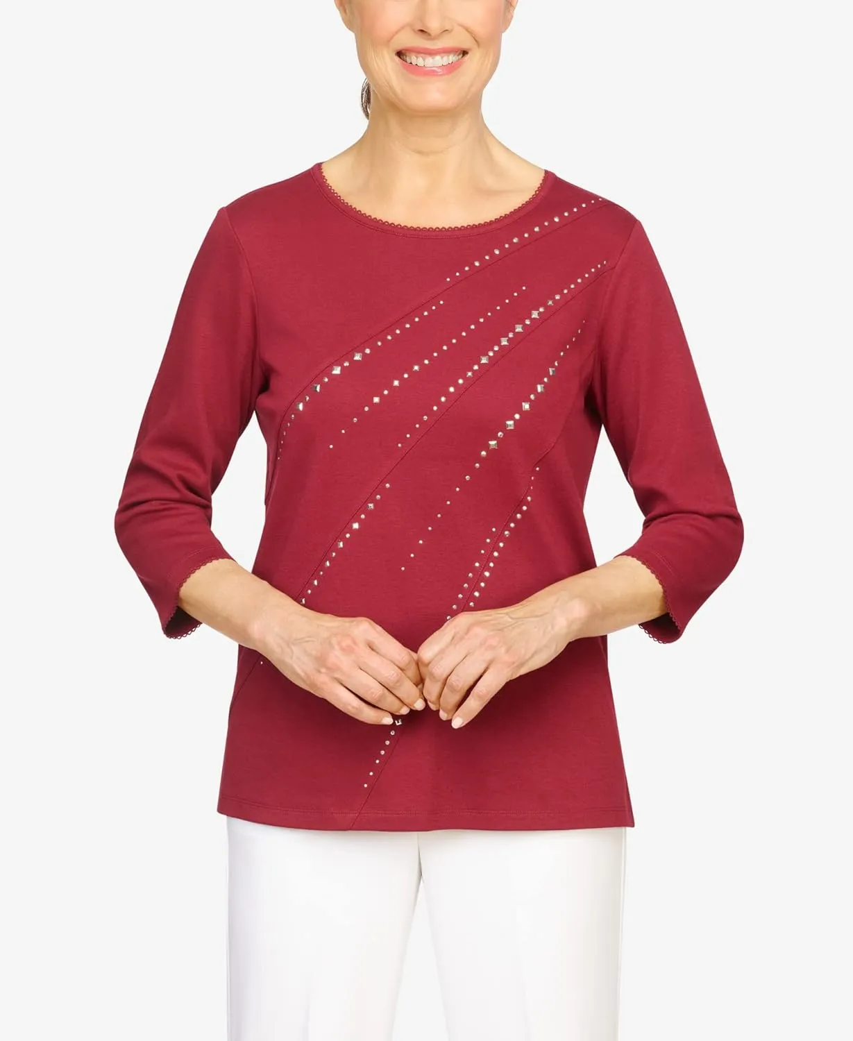 Alfred Dunner Women's Classics Diagonal Embellished Top
