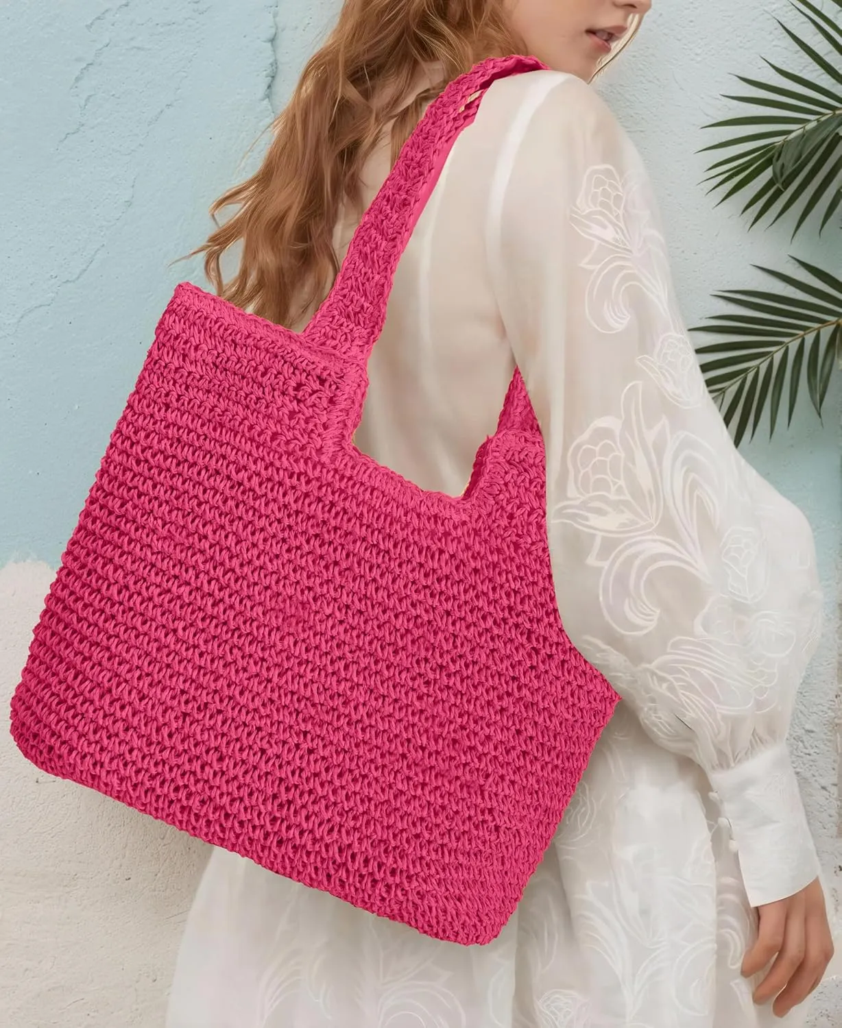 ALUWU Beach Bags for Women Summer Soft Large Woven Shoulder Purse Handbag, Beach Tote Straw Bag for Summer Vacation