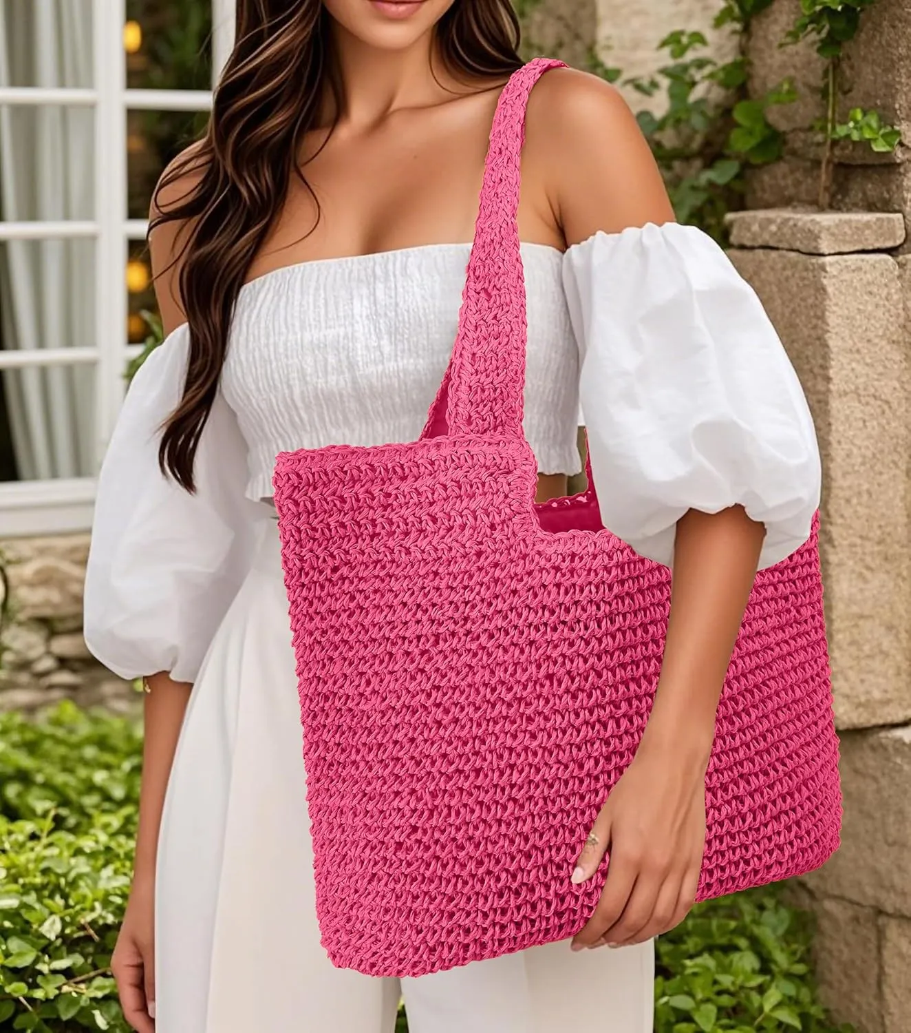 ALUWU Beach Bags for Women Summer Soft Large Woven Shoulder Purse Handbag, Beach Tote Straw Bag for Summer Vacation