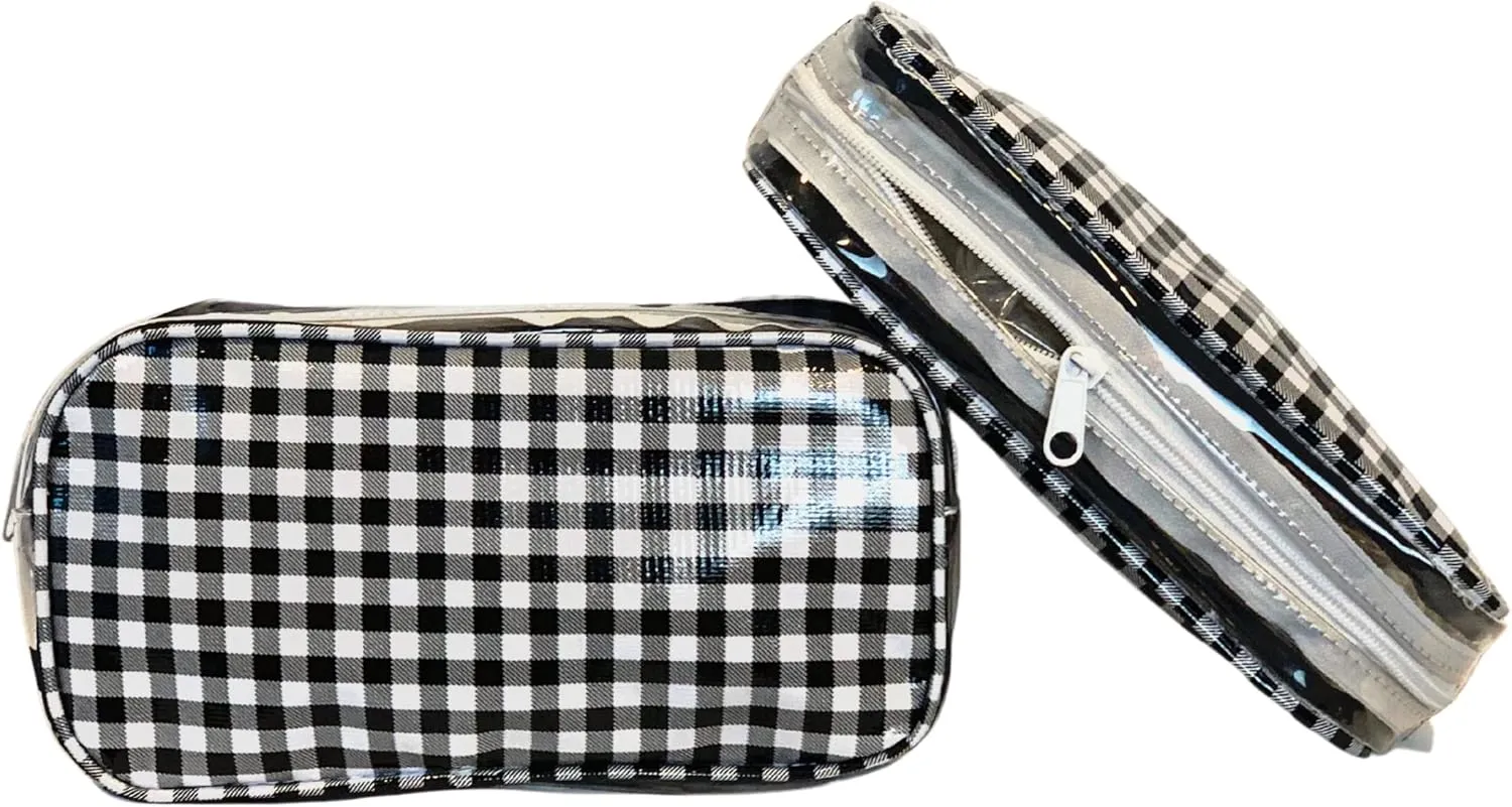 Alux 3-Pc Travel Makeup Bags for Women; Multi-Color, Chic and Stylish Travel Toiletry Bag Set; Large and Medium Makeup Bags for Vanity and Luggage and Small Makeup Bag for Purse - Gingham Black