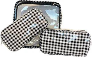 Alux 3-Pc Travel Makeup Bags for Women; Multi-Color, Chic and Stylish Travel Toiletry Bag Set; Large and Medium Makeup Bags for Vanity and Luggage and Small Makeup Bag for Purse - Gingham Black