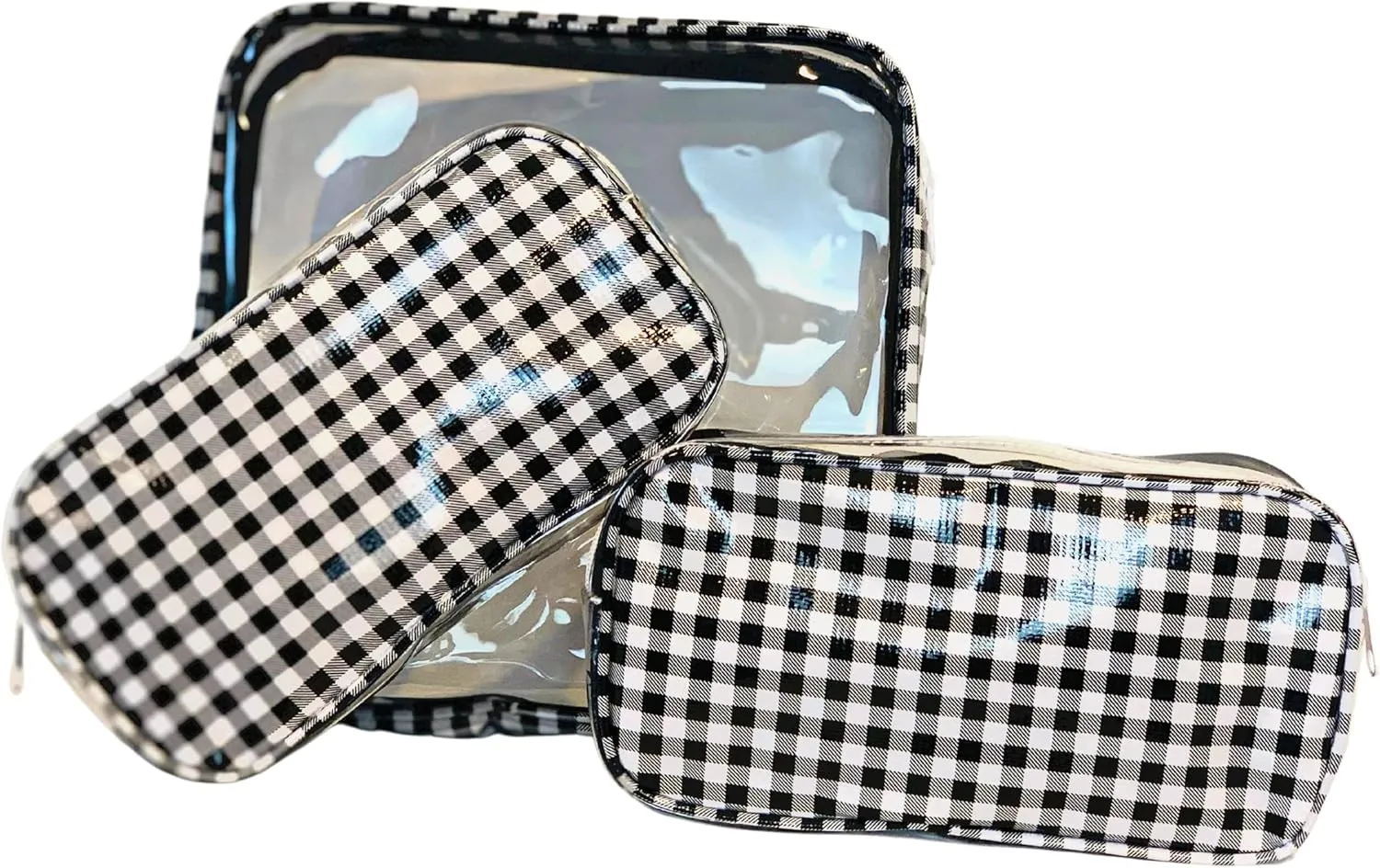 Alux 3-Pc Travel Makeup Bags for Women; Multi-Color, Chic and Stylish Travel Toiletry Bag Set; Large and Medium Makeup Bags for Vanity and Luggage and Small Makeup Bag for Purse - Gingham Black