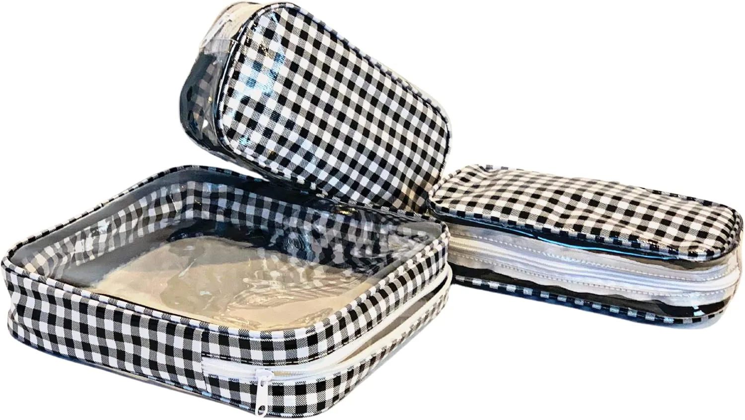 Alux 3-Pc Travel Makeup Bags for Women; Multi-Color, Chic and Stylish Travel Toiletry Bag Set; Large and Medium Makeup Bags for Vanity and Luggage and Small Makeup Bag for Purse - Gingham Black