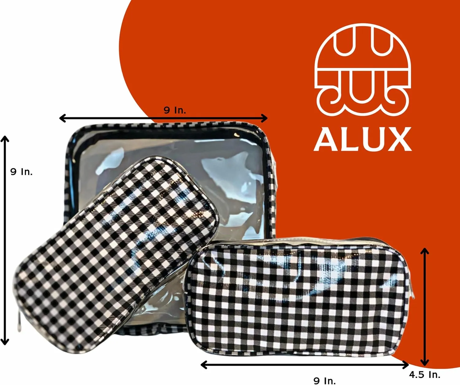 Alux 3-Pc Travel Makeup Bags for Women; Multi-Color, Chic and Stylish Travel Toiletry Bag Set; Large and Medium Makeup Bags for Vanity and Luggage and Small Makeup Bag for Purse - Gingham Black