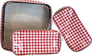 Alux 3-Pc Travel Makeup Bags for Women; Multi-Color, Chic and Stylish Travel Toiletry Bag Set; Large and Medium Makeup Bags for Vanity and Luggage and Small Makeup Bag for Purse - Gingham Red