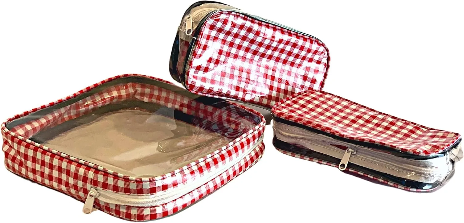 Alux 3-Pc Travel Makeup Bags for Women; Multi-Color, Chic and Stylish Travel Toiletry Bag Set; Large and Medium Makeup Bags for Vanity and Luggage and Small Makeup Bag for Purse - Gingham Red