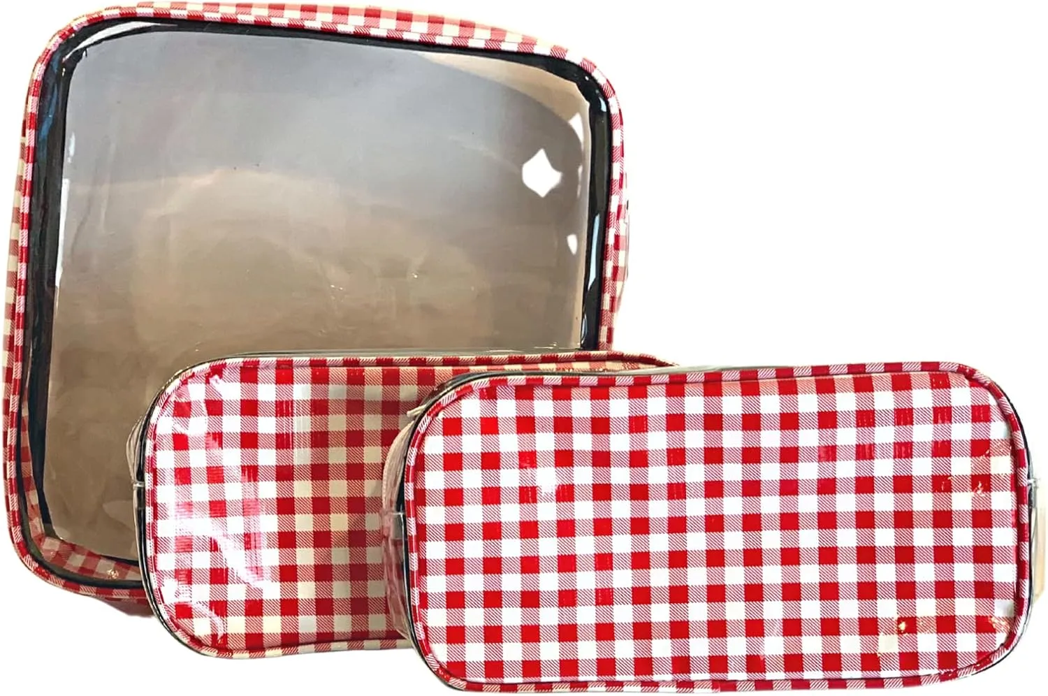 Alux 3-Pc Travel Makeup Bags for Women; Multi-Color, Chic and Stylish Travel Toiletry Bag Set; Large and Medium Makeup Bags for Vanity and Luggage and Small Makeup Bag for Purse - Gingham Red