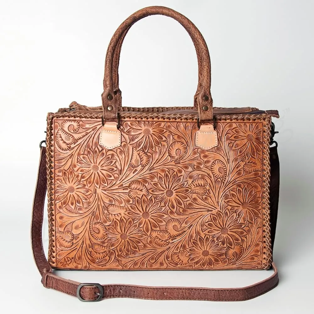 American Darling Briefcase Hand Tooled Genuine Leather Women Bag Western Handbag Purse, Black