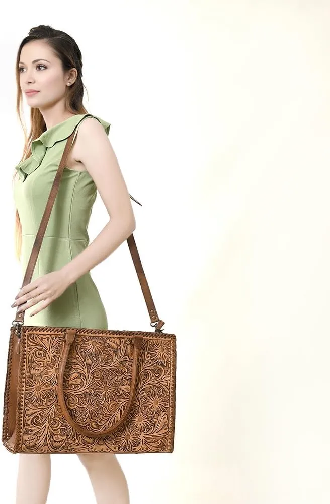 American Darling Briefcase Hand Tooled Genuine Leather Women Bag Western Handbag Purse, Black