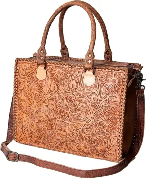 American Darling Briefcase Hand Tooled Genuine Leather Women Bag Western Handbag Purse, Black